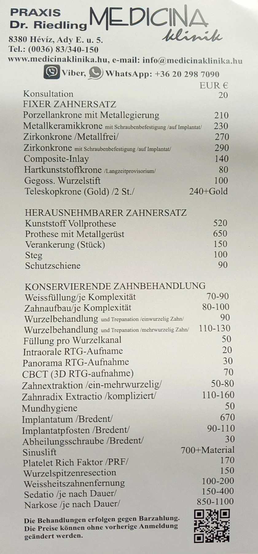 Dr. Riedling - Zahnarzt in Hévíz - Preisliste